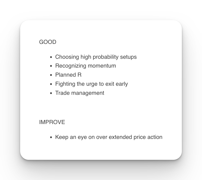 TradeZella's trading journal notebook feature to record good trading strategy and areas to improve
