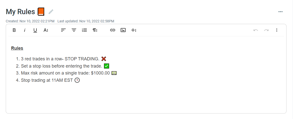 TradeZella’s trading journal notebook feature