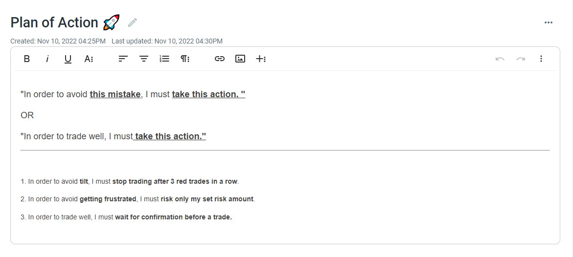 Trading Plan of Action written on TradeZella Notebook