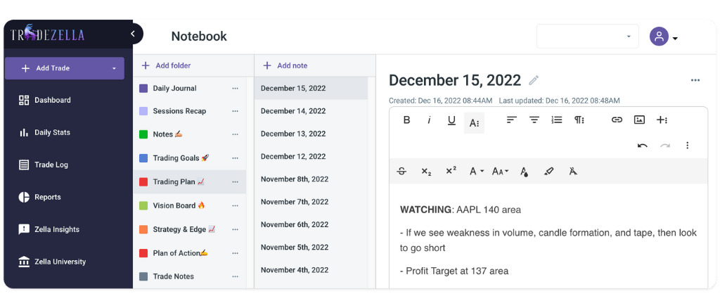 Screenshot of TradeZella’s Trade Journal Notebook
