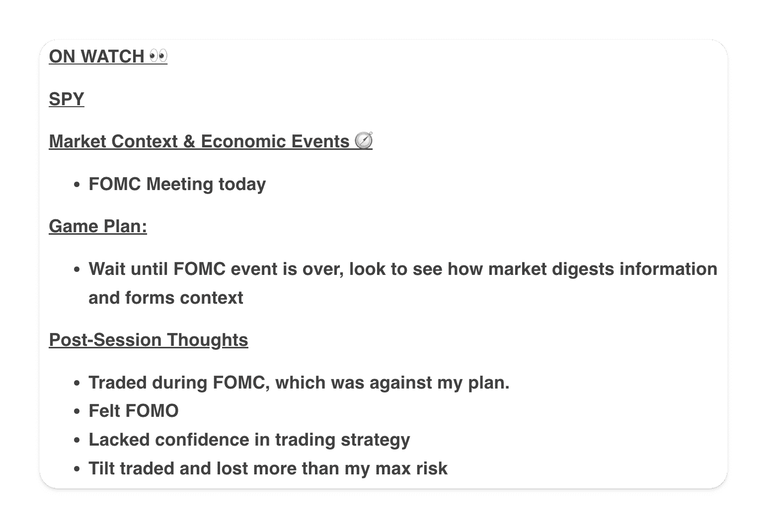 Notebook feature TradeZella with Game Plan notes